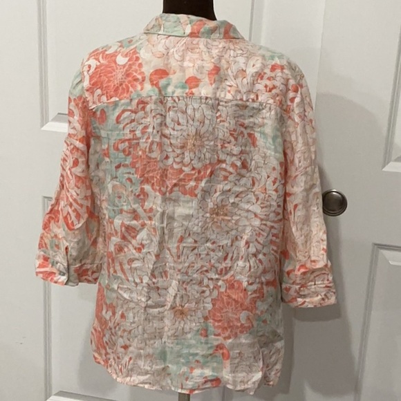 Chico's 100% Linen Floral Button-Down Shirt Beachy Coral Mint Blue Size Large/2 - Picture 5 of 9